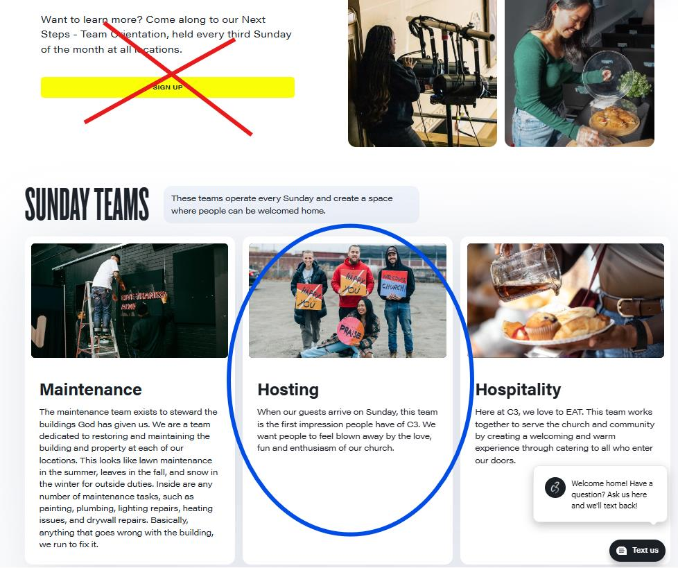 Sunday Teams page showing to select a specific team rather than the general sign-up